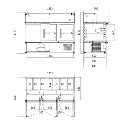 3 Doors Pizzatable Saladette Fridge 1365mm ESL3864