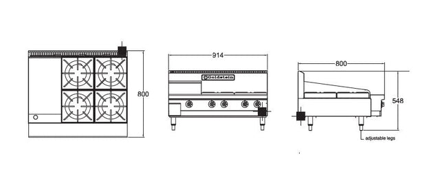 Goldstein PFB12G4 Gas 4 Burner Gas Cooktop + 305mm Griddle