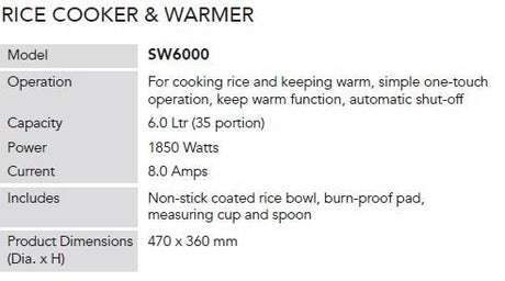 Robalec Rice Cooker & Warmer - SW6000