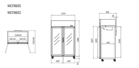 Top Mounted 2 Door Fridge Showcase 1314 Mm