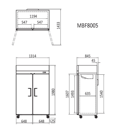 Top Mounted 2 Door Refrigerator 1314 Mm